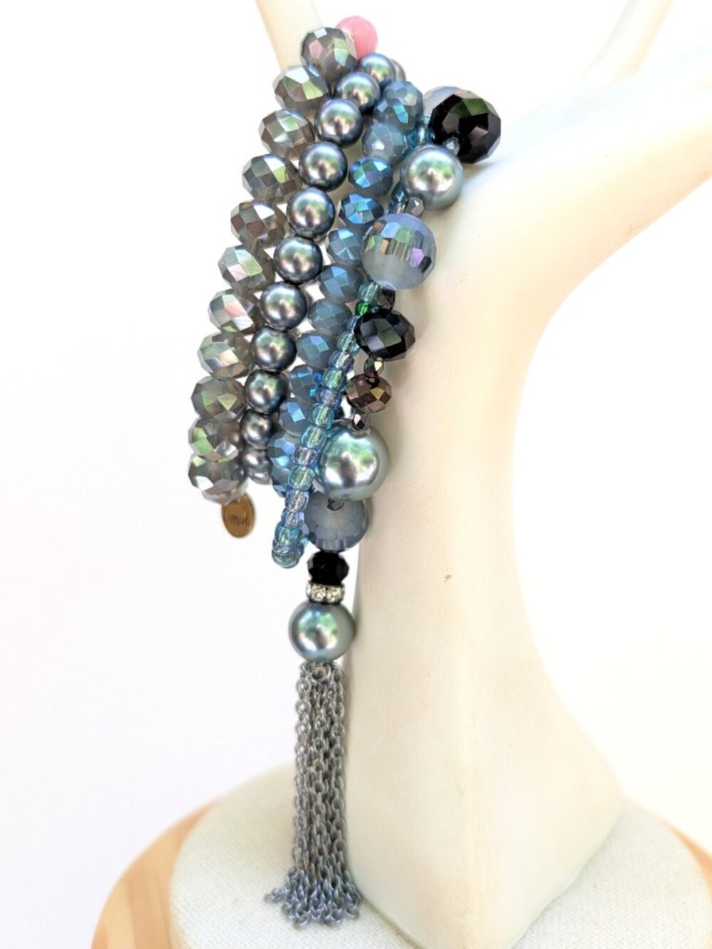 Bundle of 5 shades of silver, gray and blue beaded stretch layering bracelets